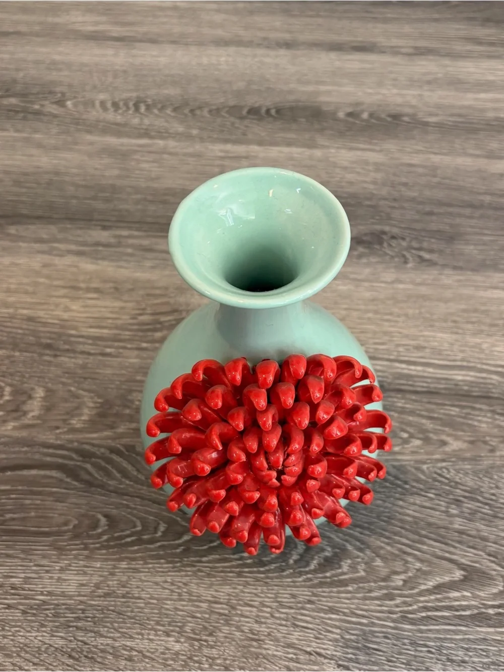 Anthropologie Aqua Ceramic Vase Red 3D Chrysanthemum Flower 9” Bloom